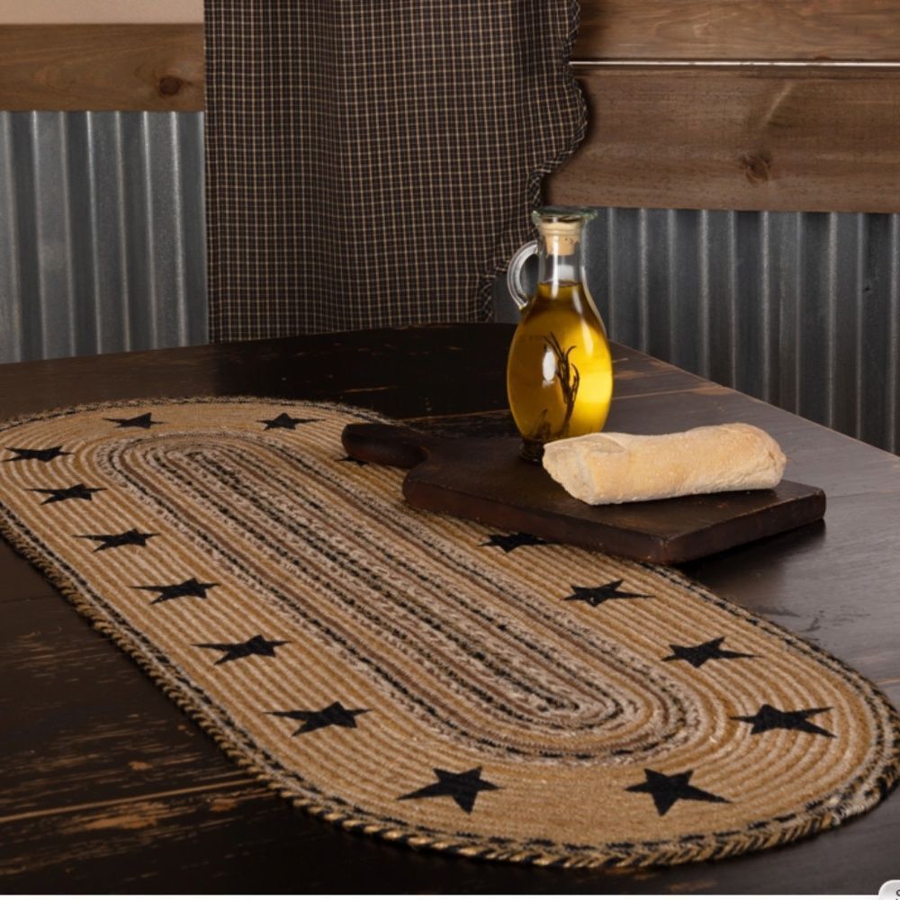 Primitive Star Oval Jute Braided Table Runner 12x36 Farmhouse Country Rustic